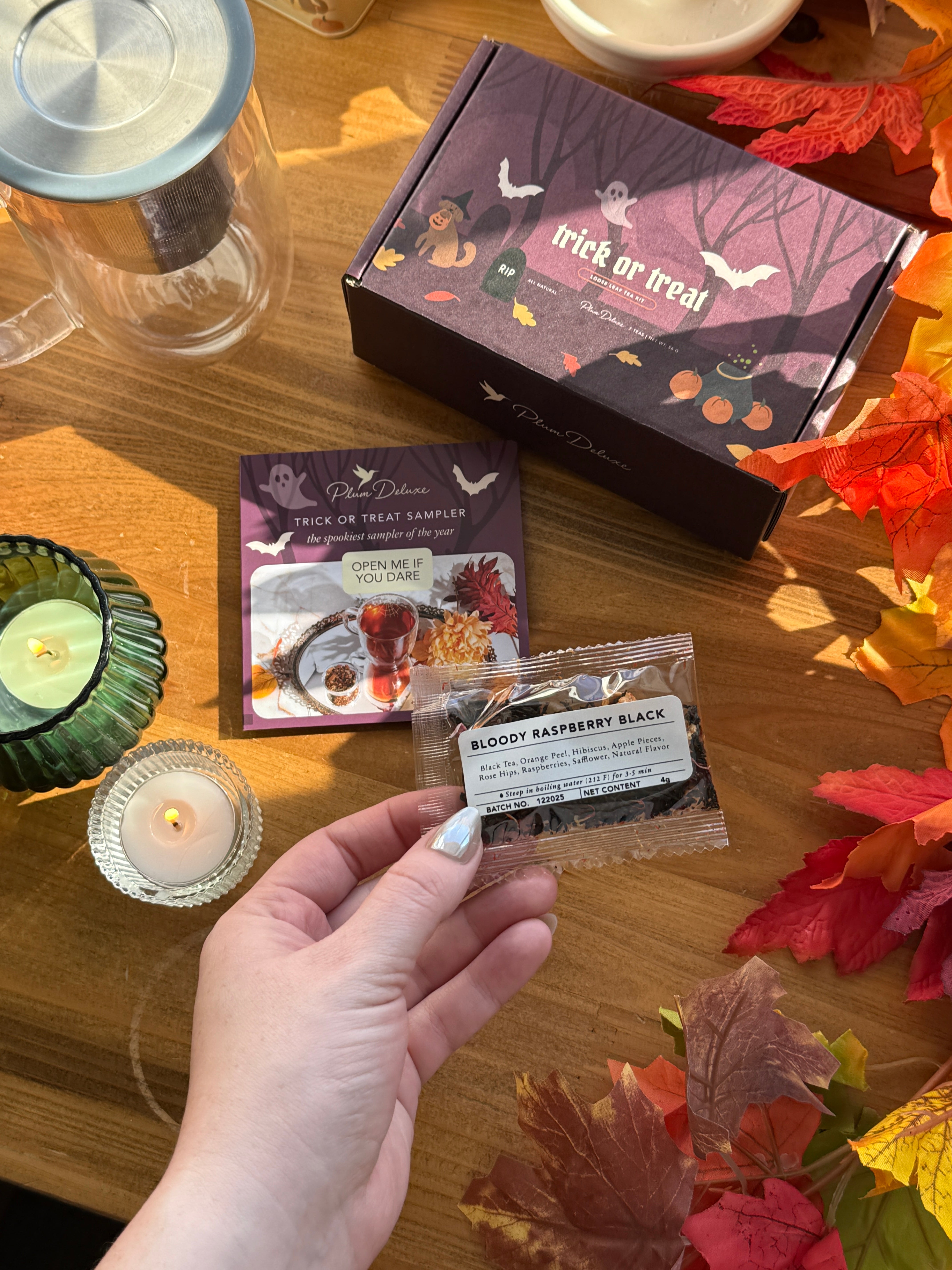 Halloween Trick or Treat Sampler Box by Plum Deluxe Tea with 7 exclusive tea blends in a festive packaging