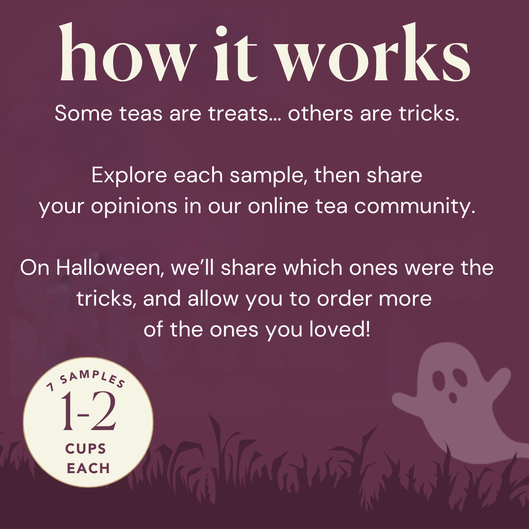 Halloween Trick or Treat Sampler Box from Plum Deluxe Tea featuring seven exclusive tea blends for festive tasting.