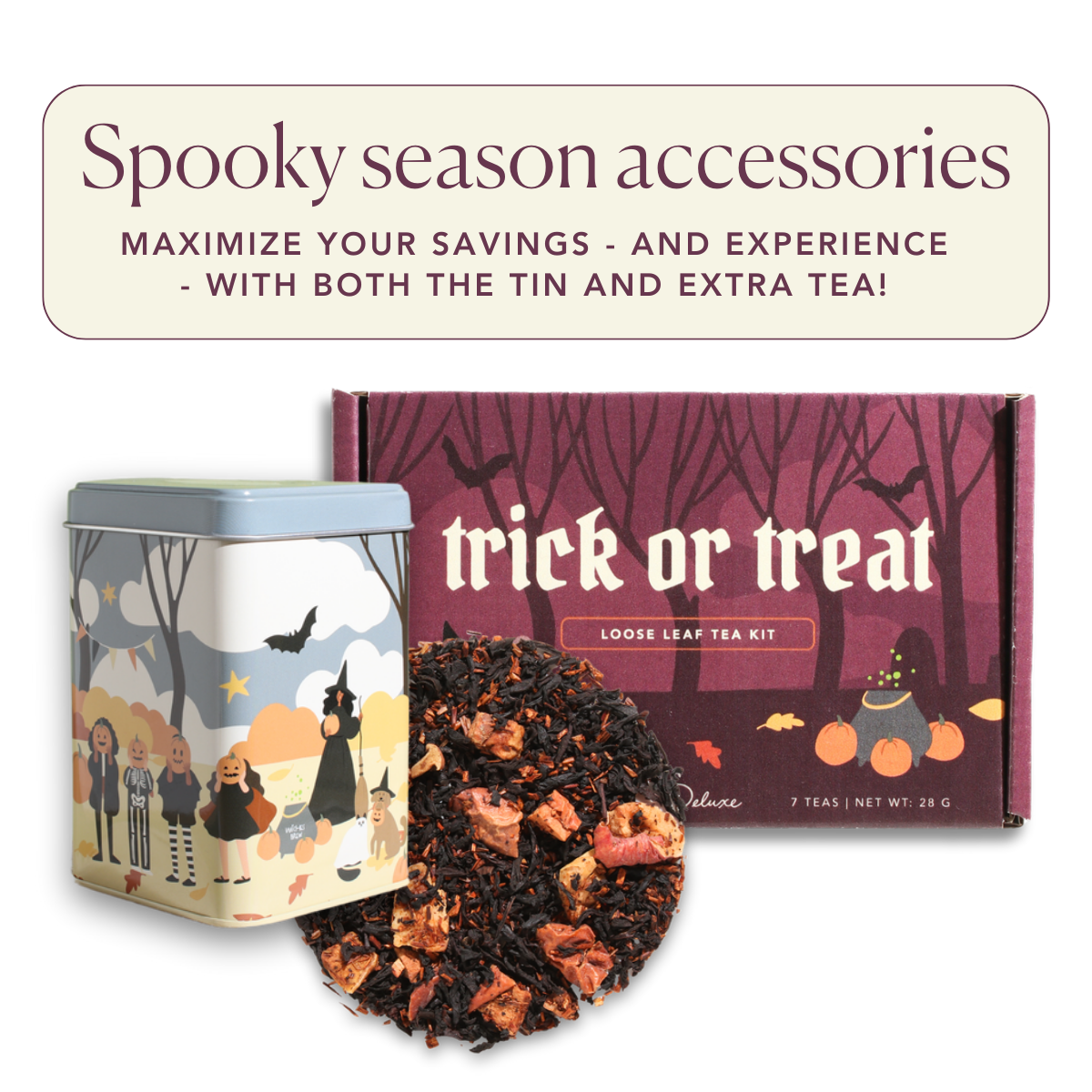 Halloween Trick or Treat Sampler Box by Plum Deluxe Tea featuring 7 exclusive tea blends in festive packaging.