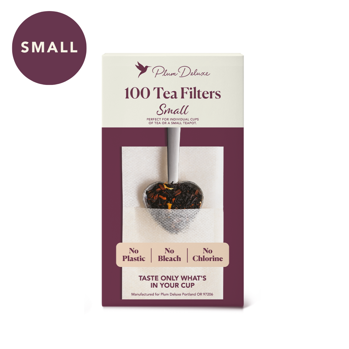 Small loose leaf tea filter bags by Plum Deluxe Tea, designed for 1-2 teaspoons of loose leaf tea, ideal for brewing.