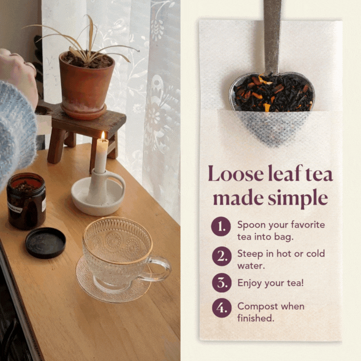 Small loose leaf tea filter bags by Plum Deluxe Tea, designed for 1-2 teaspoons of loose leaf tea, ideal for brewing fresh tea.