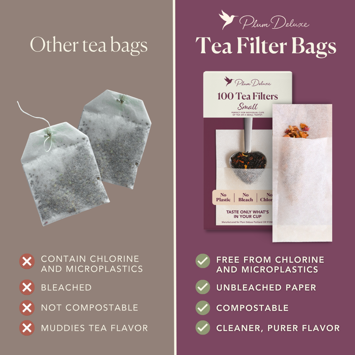 Small loose leaf tea filter bags from Plum Deluxe Tea, designed for 1-2 teaspoons of loose leaf tea, ideal for brewing.