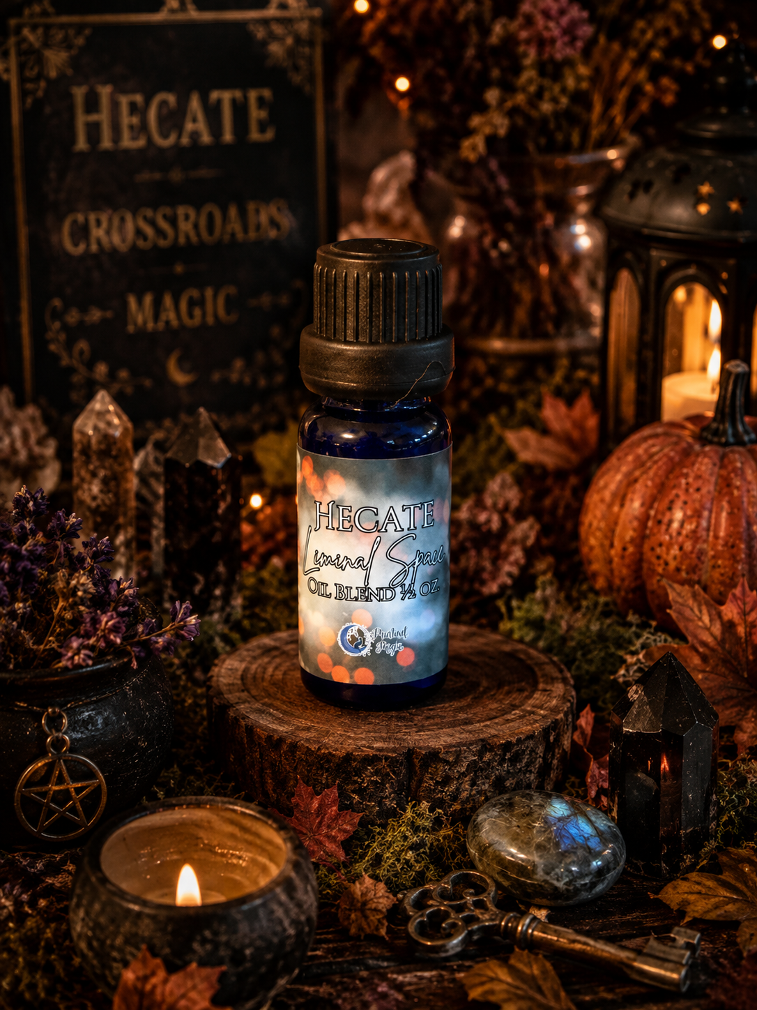 Practical Magic Store Hecate Liminal Space Enchanted Body Oil Blend in a glass bottle with a black cap and mystical label.