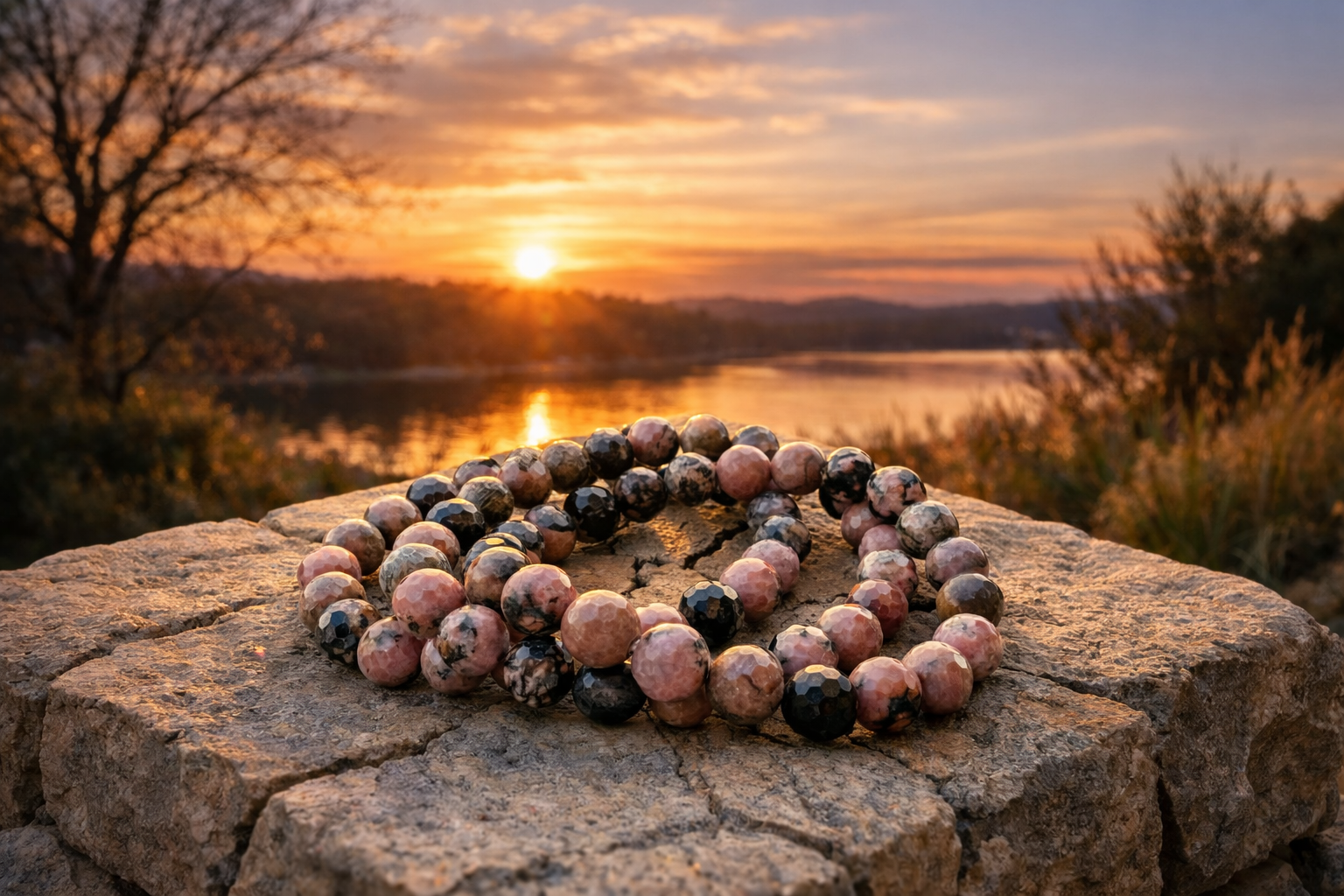 Faceted Rhodonite bracelet featuring 8 mm beads from Practical Magic Store, showcasing polished pink and black gemstone stones.