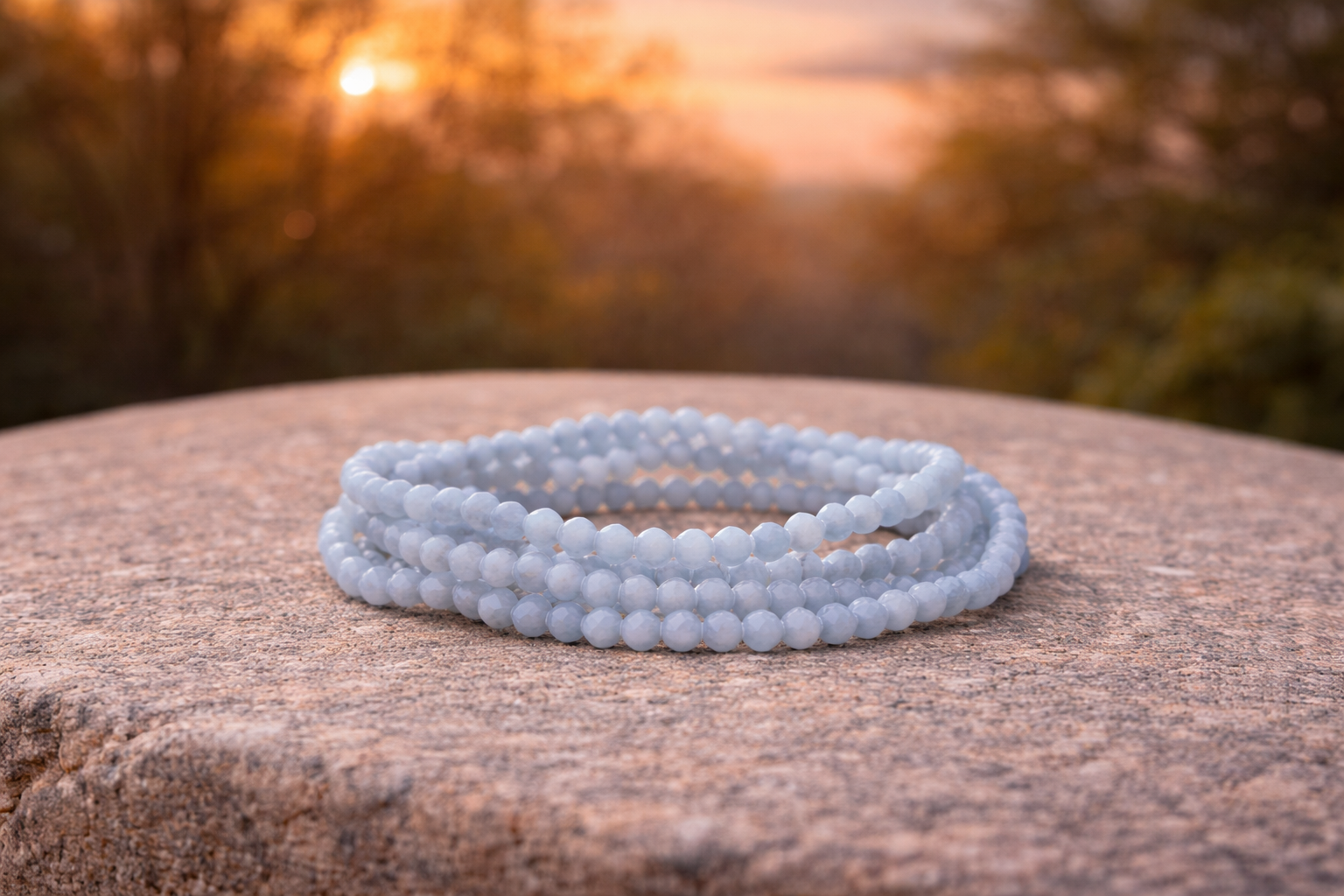 4mm faceted natural Angelite crystal stone energy bracelet, featuring polished blue gemstones on an elastic band.