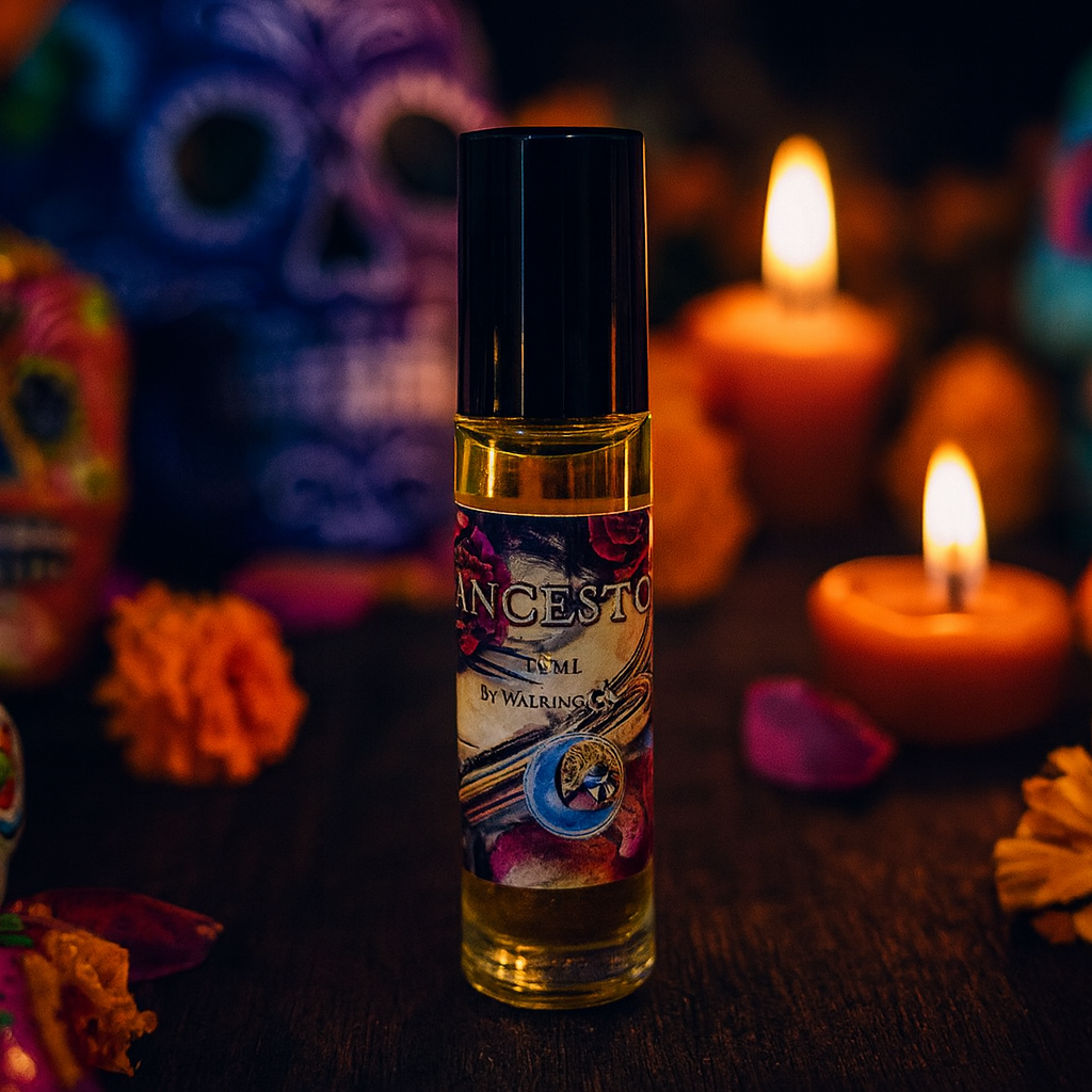 Bottle of Ancestors Perfume from Practical Magic Store with elegant packaging and a dark, mystical design.