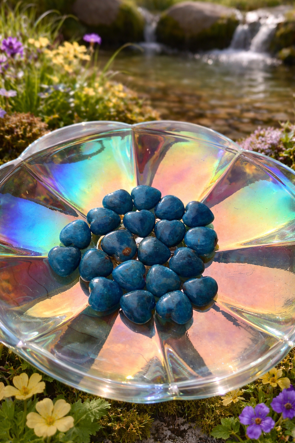 Blue Apatite gemstone natural crystal hearts, polished and vibrant, showcasing the beautiful blue color and smooth heart shape.
