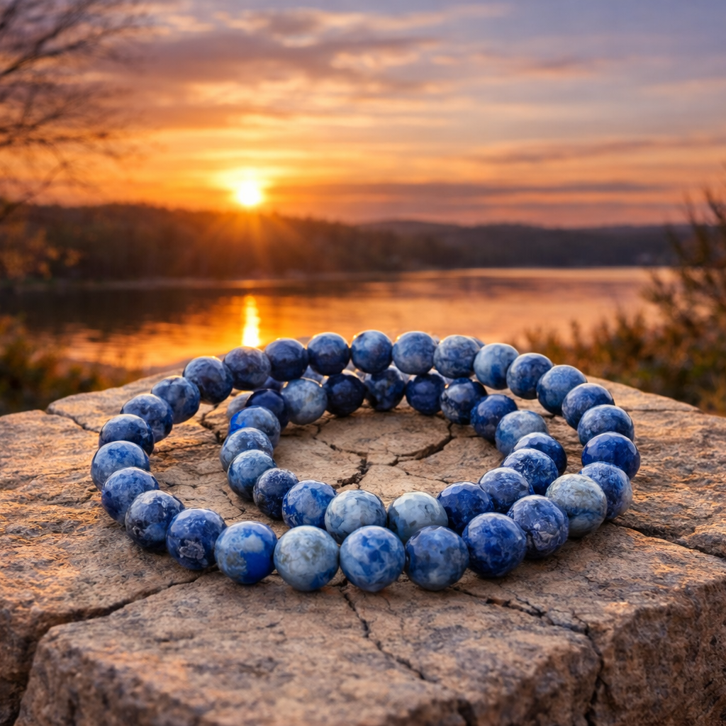 Faceted lapis lazuli bracelet with 8mm beads, showcasing deep blue stones with gold flecks, from Practical Magic Store.