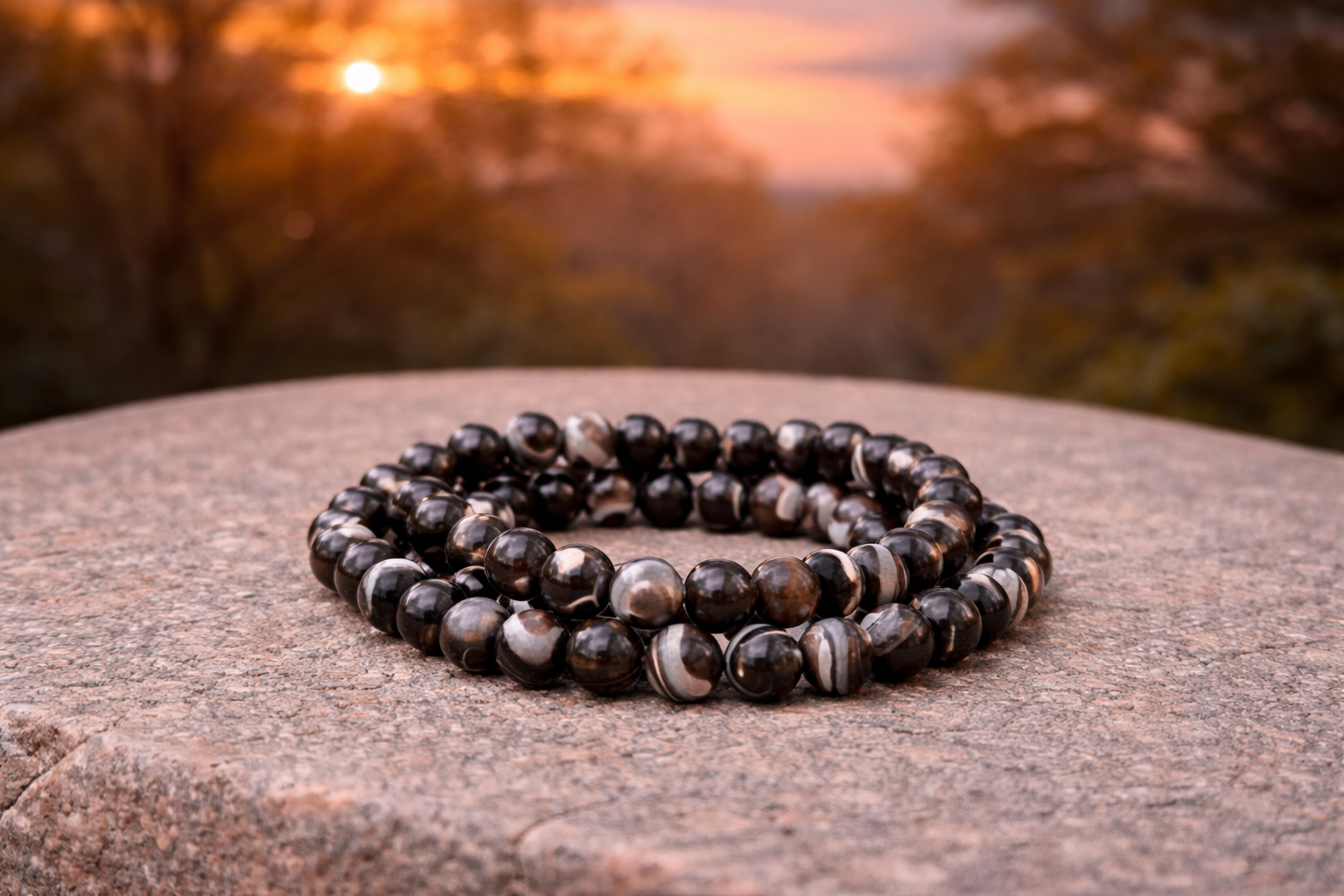 Natural black and white shell crystal energy bracelets featuring polished shells and beads, ideal for spiritual and healing purposes.