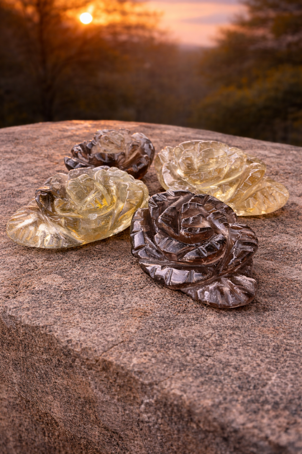 Small natural smoky citrine energy flowers crystal from Practical Magic Store, showcasing vibrant yellow-orange hues and intricate flower shapes.