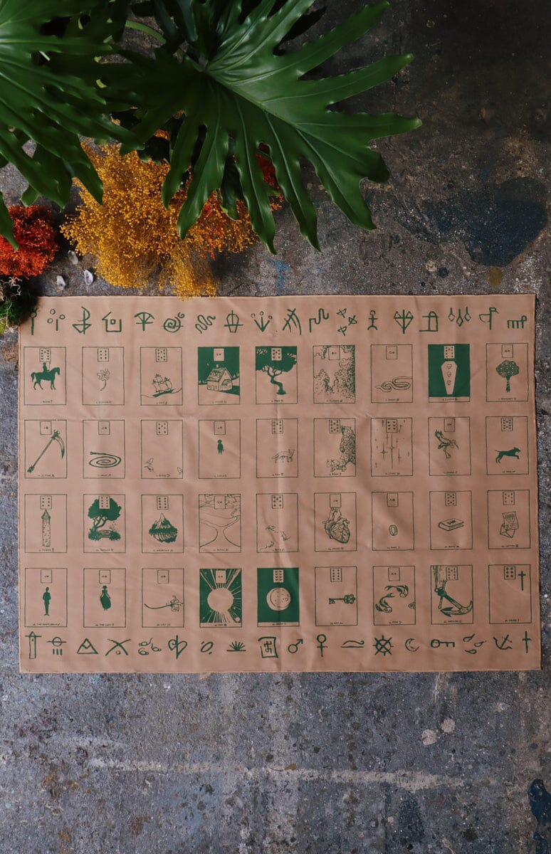 Altar cloth featuring The Houses of Lenormand design by Prisma Visions, with intricate patterns and vibrant colors for spiritual rituals.