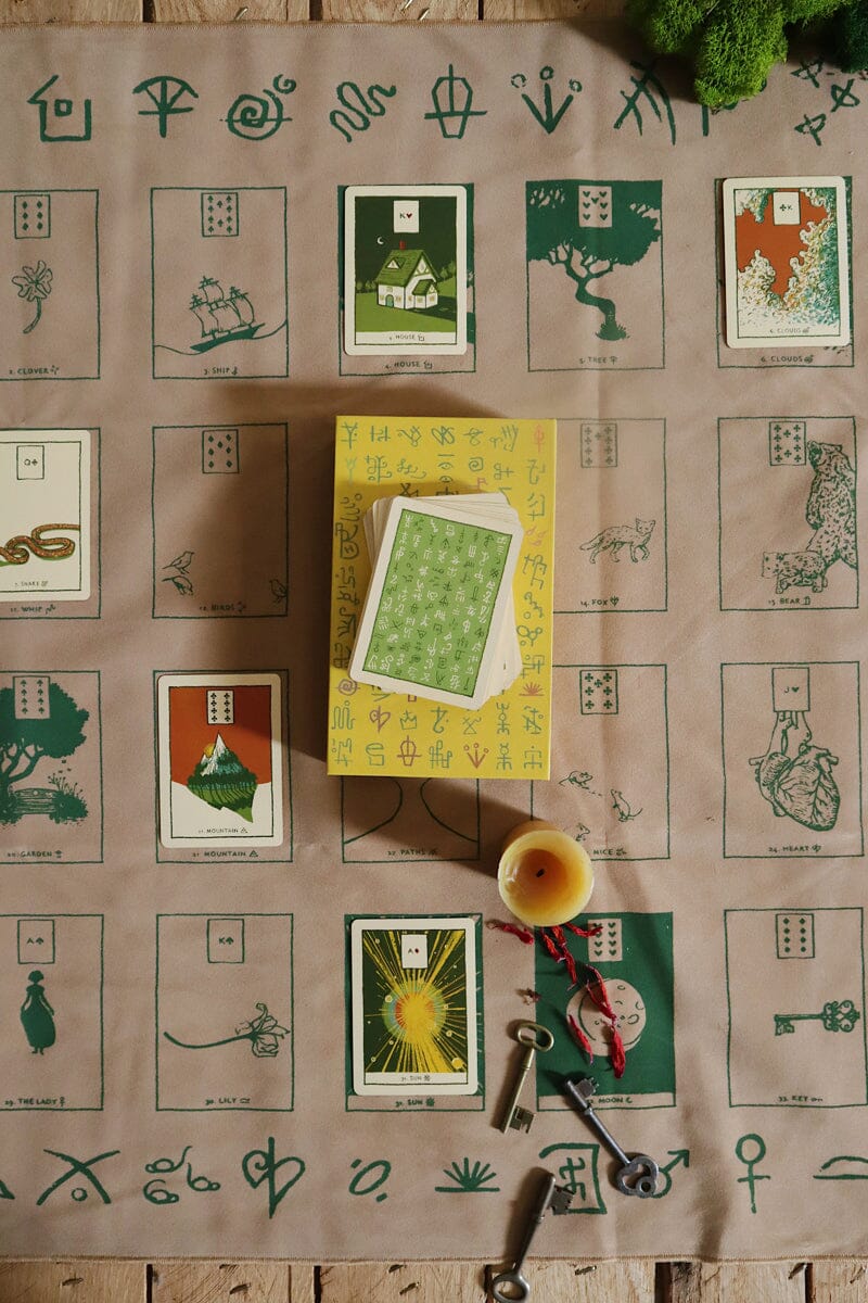 Altar cloth featuring The Houses of Lenormand design by Prisma Visions, with intricate patterns and symbolic imagery.