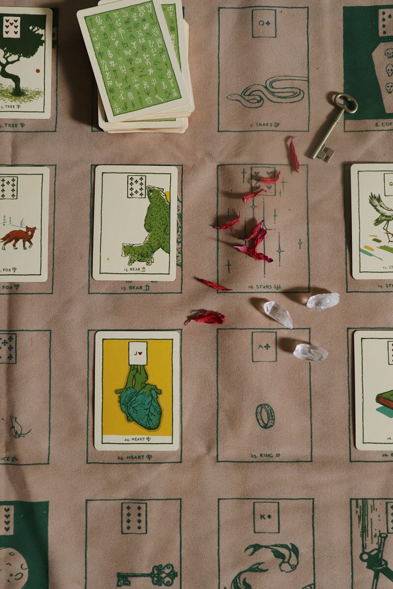 Altar cloth featuring The Houses of Lenormand design by Prisma Visions, with intricate patterns and vibrant colors on fabric.