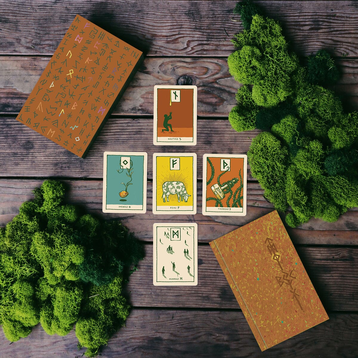 Green Glyphs Runes deck by Prisma Visions featuring intricate mystical rune illustrations on card backs.
