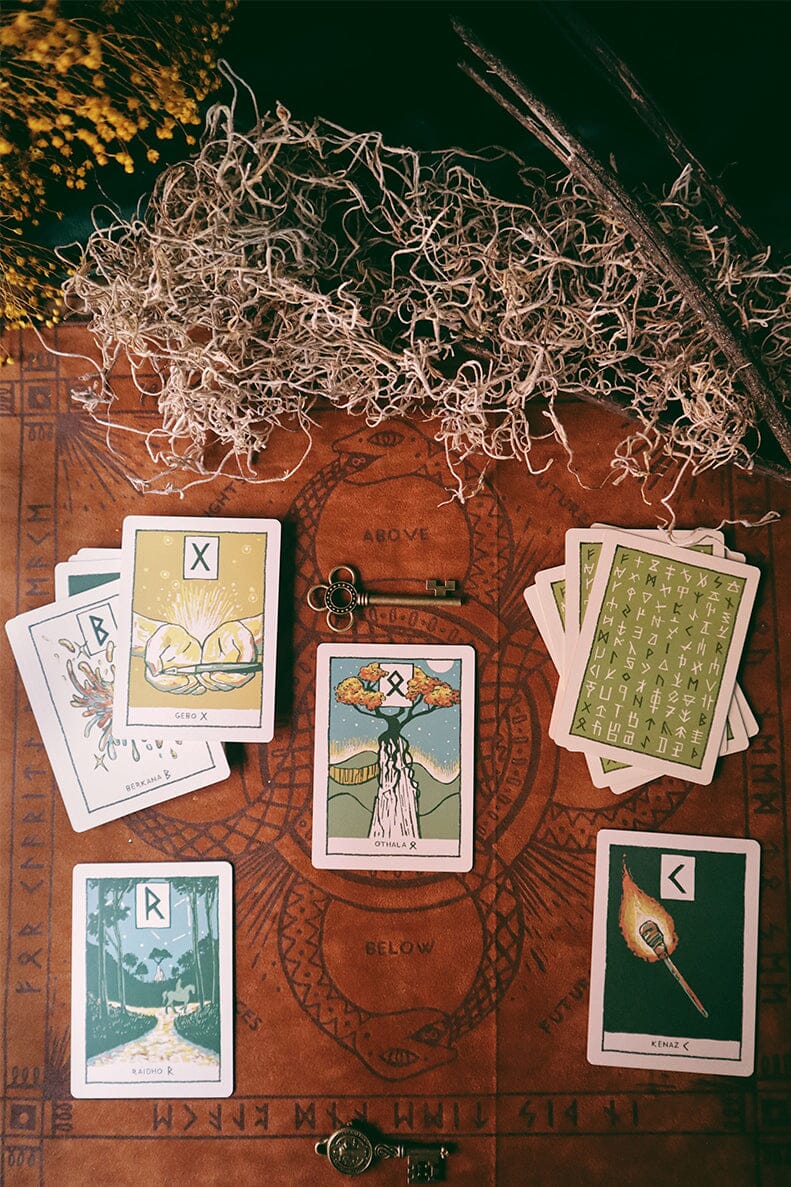 Prisma Visions Green Glyphs Runes deck featuring a set of mystical rune cards with green and gold designs on dark backgrounds.