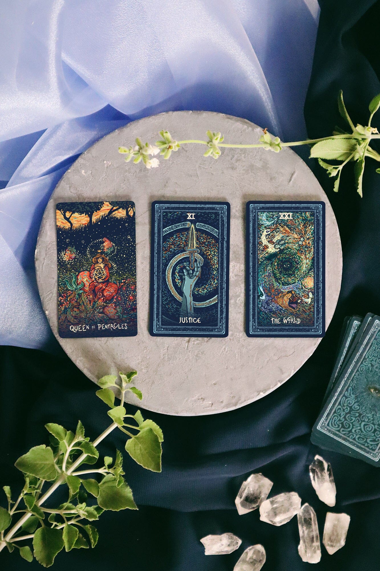 Little Prisma Visions deck by Prisma Visions featuring colorful, artistic tarot or oracle cards laid out on a table.