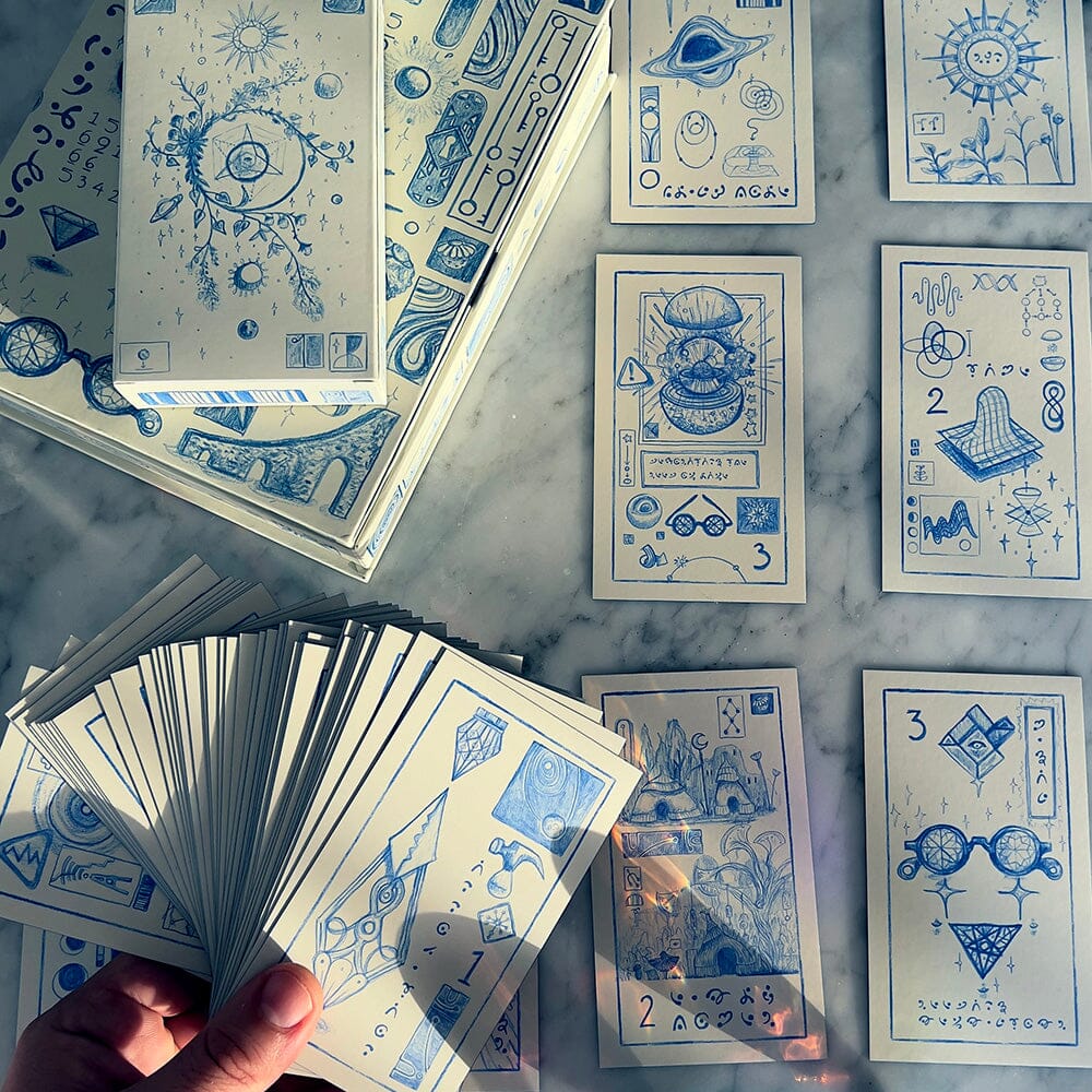 The Cerulean Sequence deck by Prisma Visions features colorful, artistic tarot cards arranged in a deck for reading and inspiration.