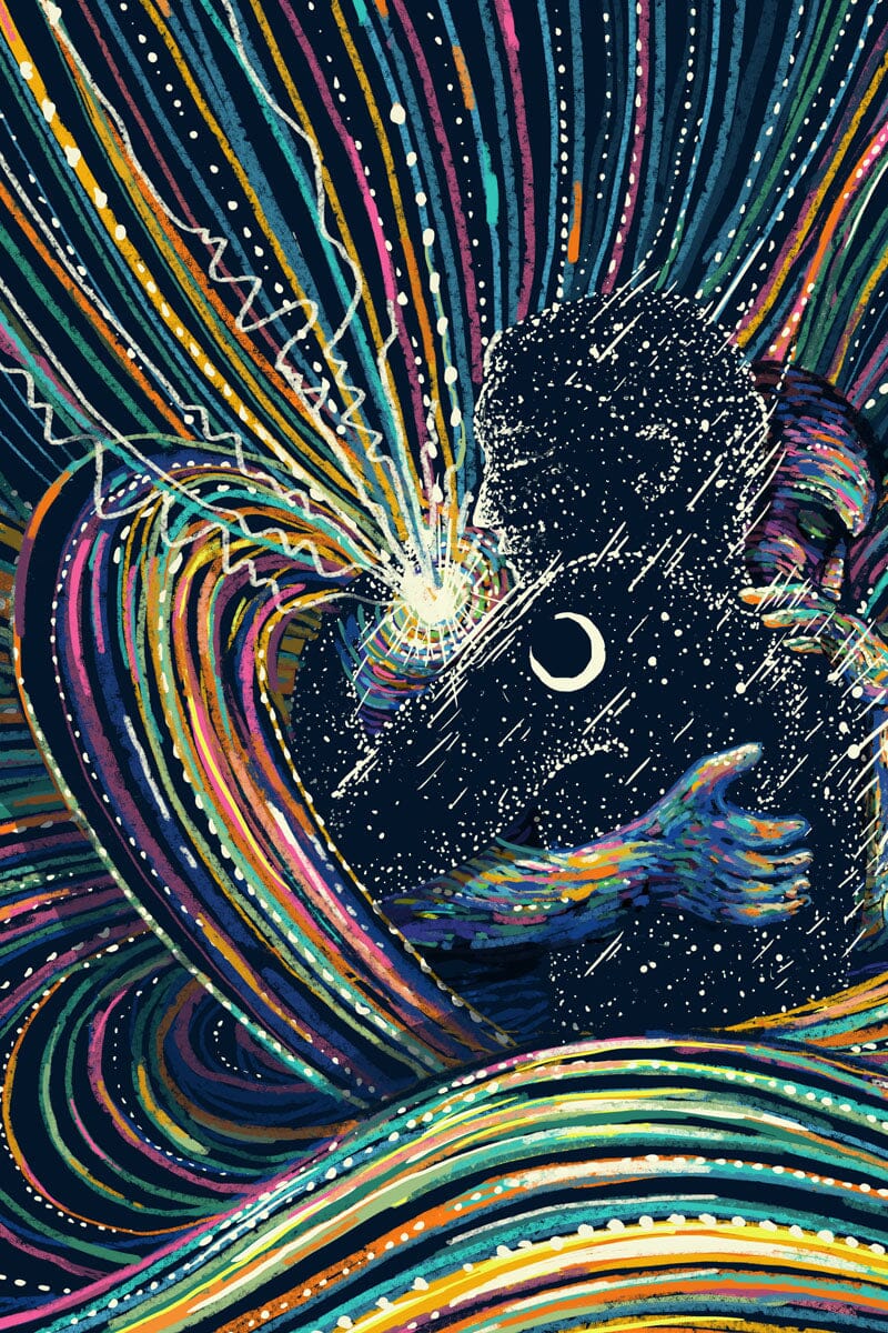 Colorful Prisma Visions print titled "Day Breaks the Night" featuring a vibrant, abstract design on a 12x12-inch print.