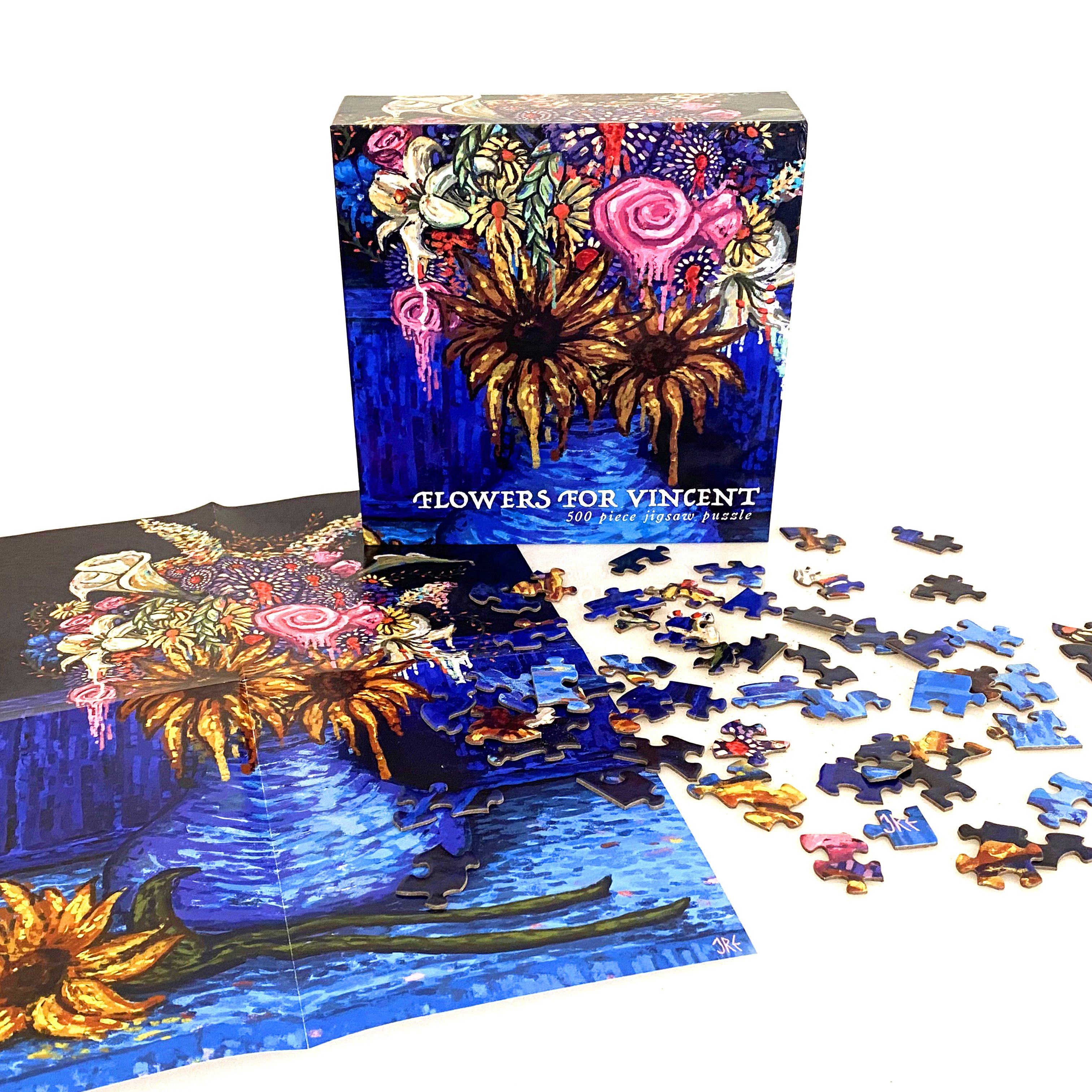Prisma Visions Flowers for Vincent jigsaw puzzle featuring a colorful floral artwork on a puzzle box.