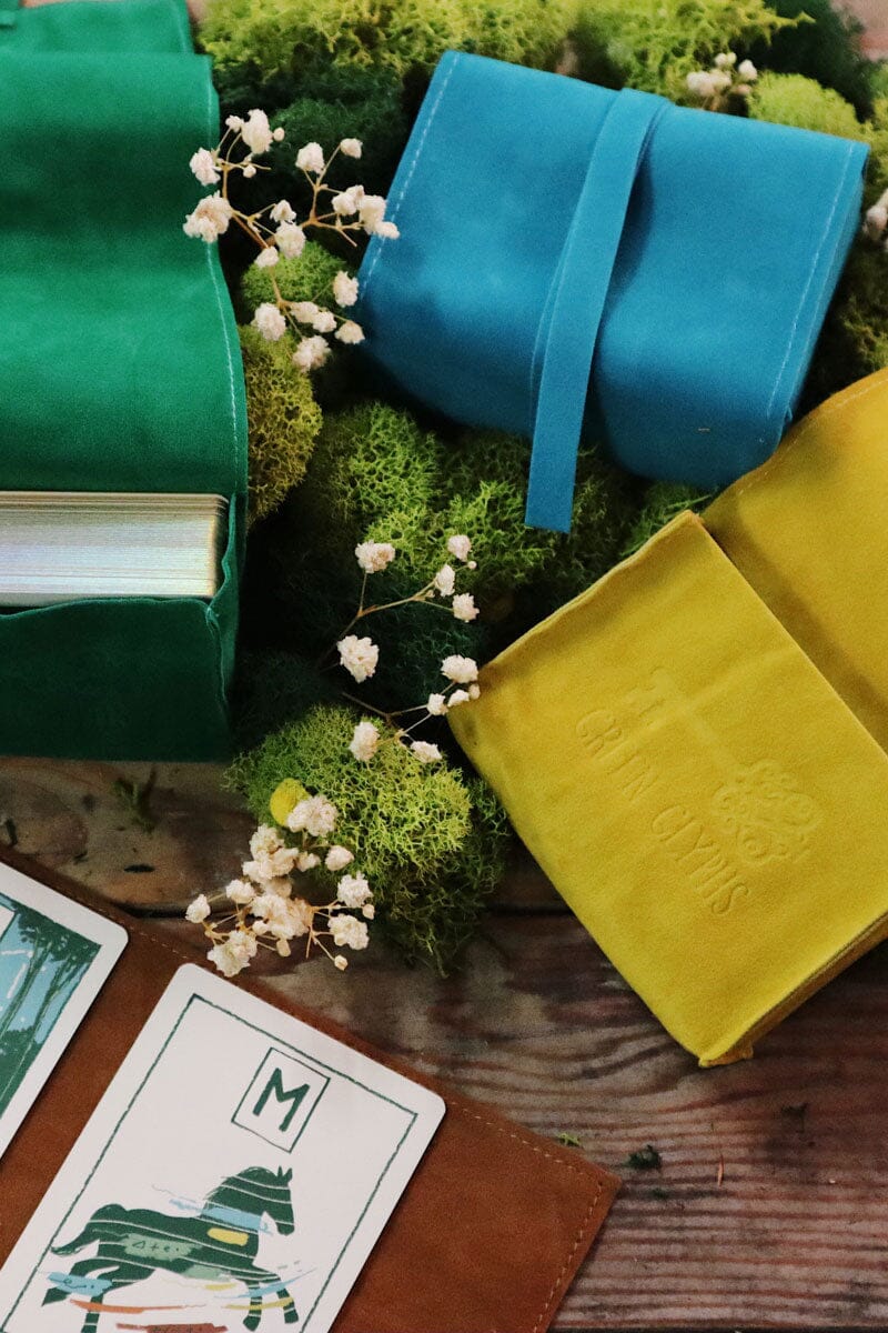 Prisma Visions Green Glyphs Satchel featuring a vibrant blue and green tarot-inspired design and adjustable shoulder strap.