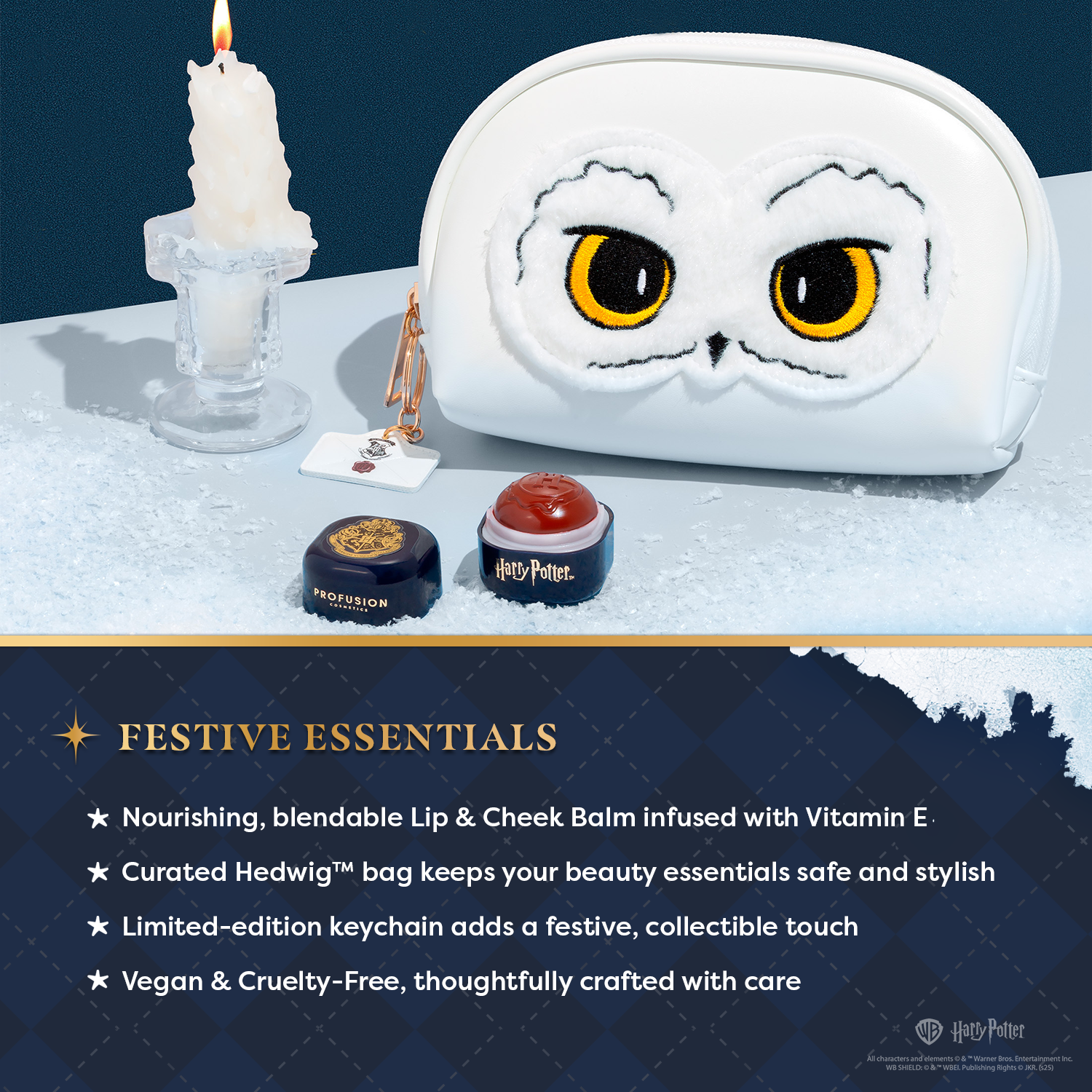Harry Potter Hedwig makeup bag by Profusion Cosmetics, festive holiday-themed accessories featuring the famous snowy owl design.