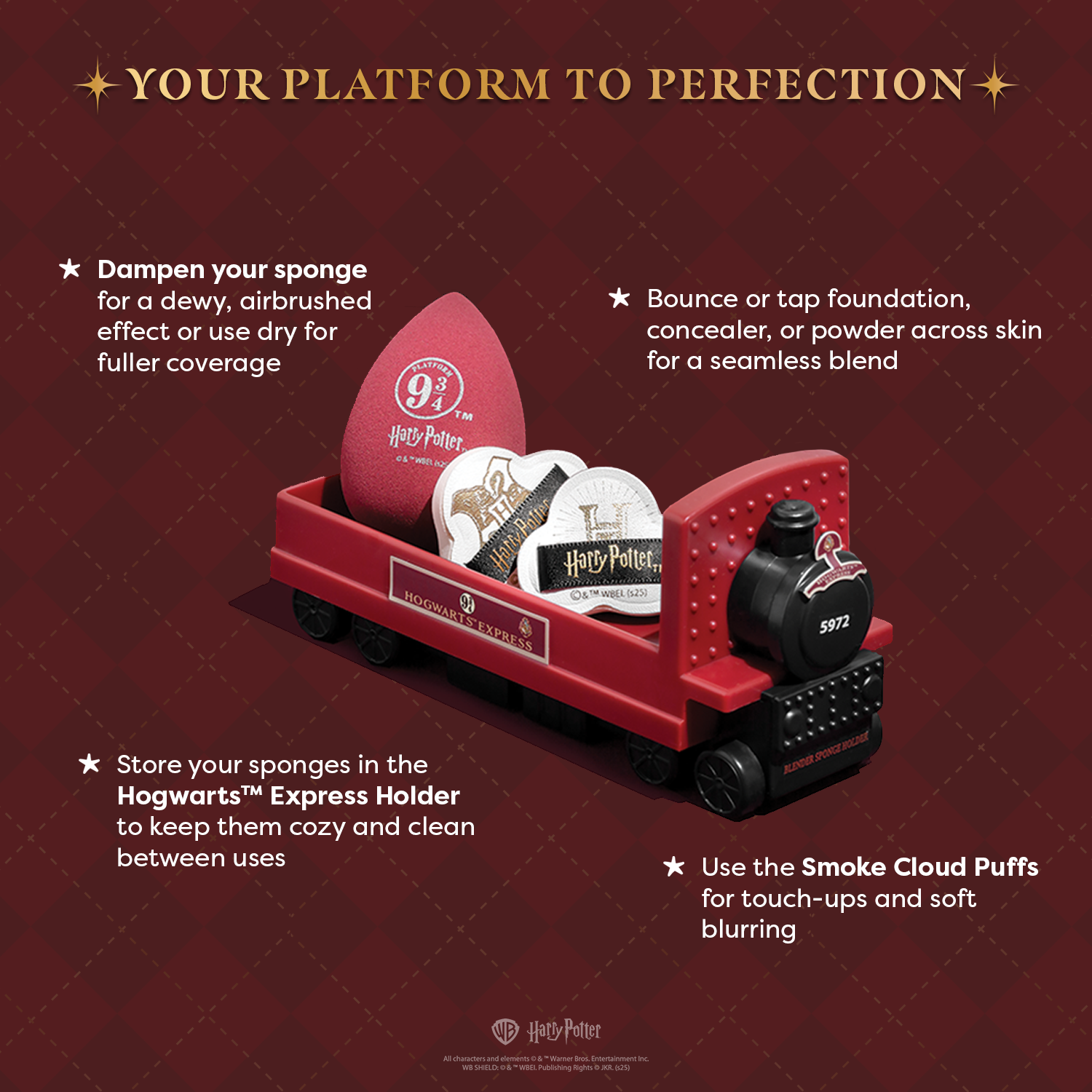 Harry Potter Holiday Hogwarts Express sponge set by Profusion Cosmetics, featuring themed accessories for creative makeup application.