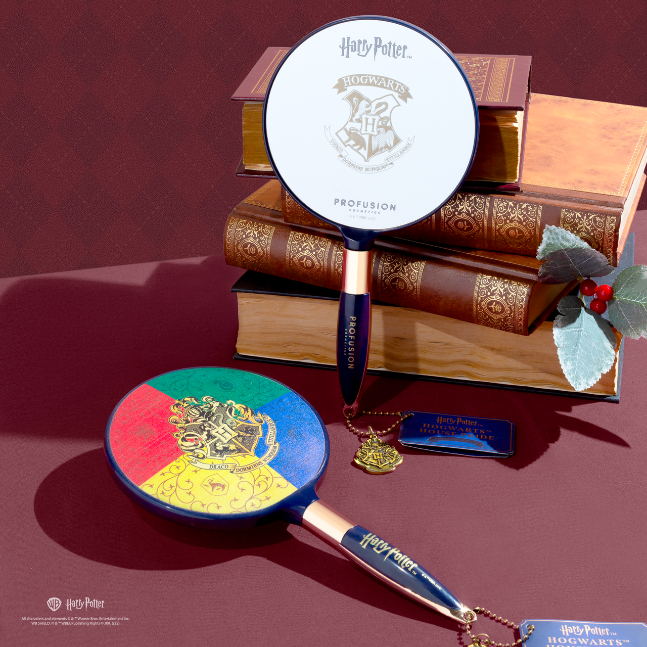 Harry Potter Holiday Hogwarts House Pride handheld mirror by Profusion Cosmetics, featuring house crest and magical design.