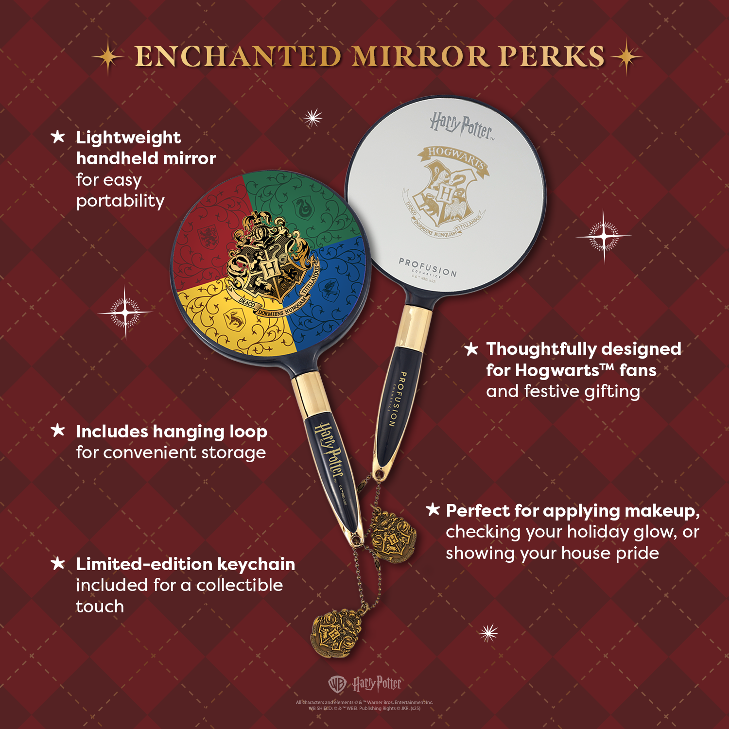 Harry Potter Hogwarts House Pride handheld mirror by Profusion Cosmetics, featuring house emblem and colorful design.