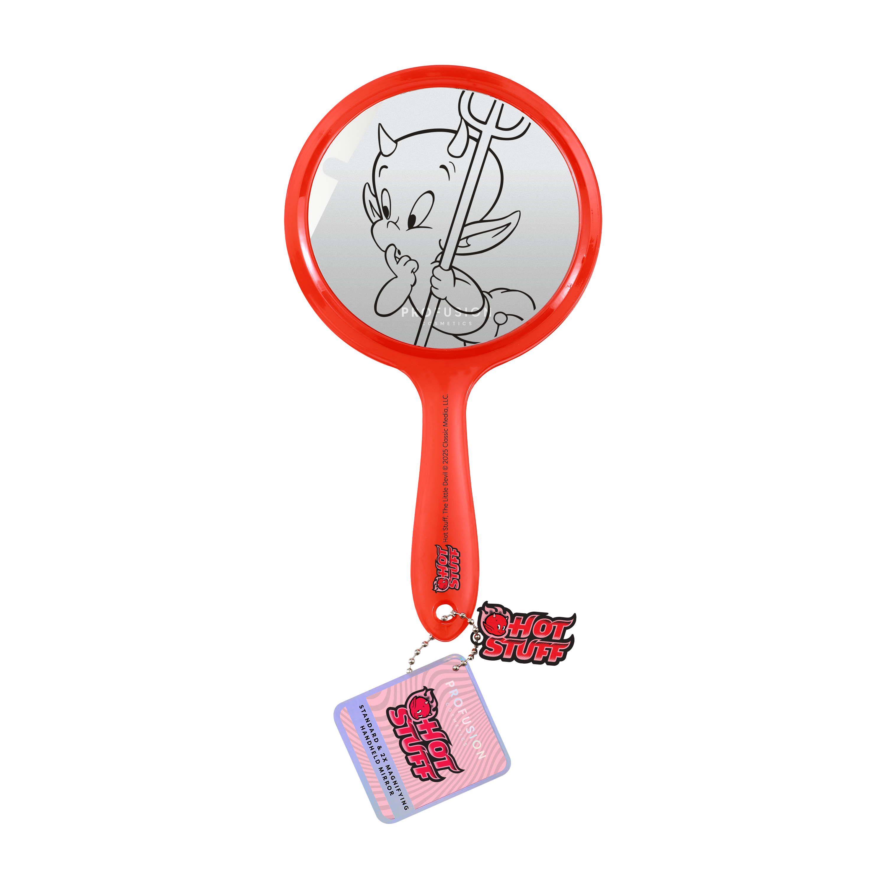 Profusion Cosmetics Hot Stuff Little Devil handheld mirror with red and black design, compact accessories for makeup use.