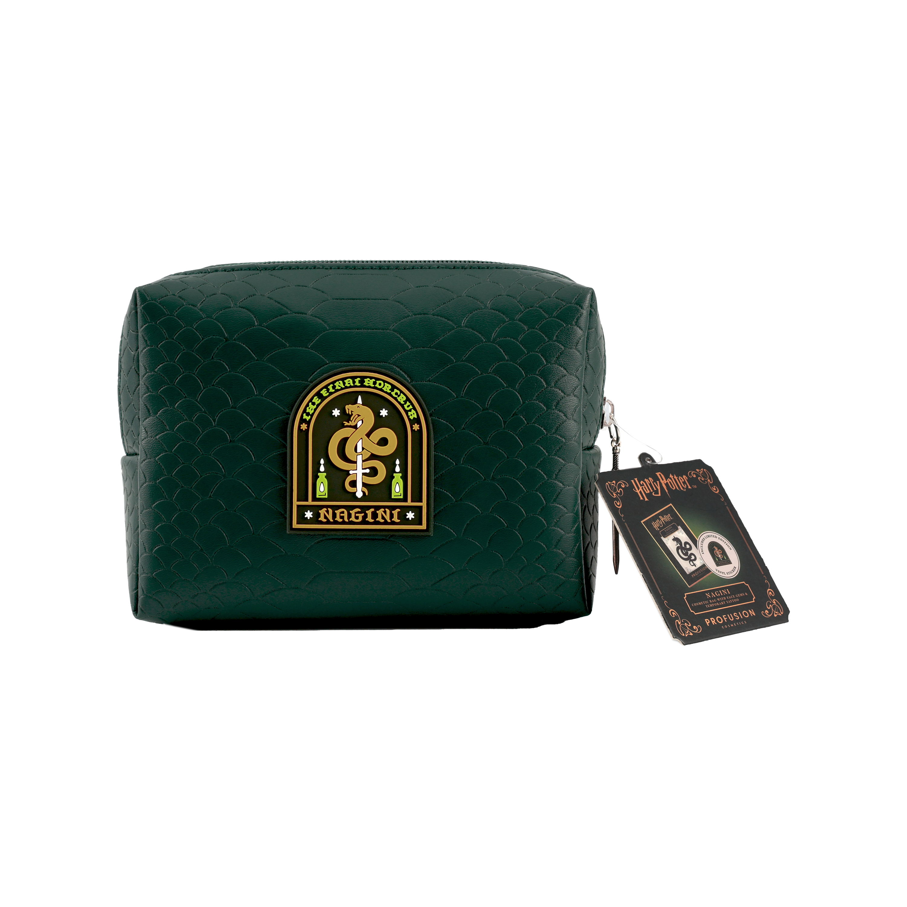 HP Dark Arts Nagini cosmetic bag by Profusion Cosmetics featuring face gems and a temporary tattoo design.
