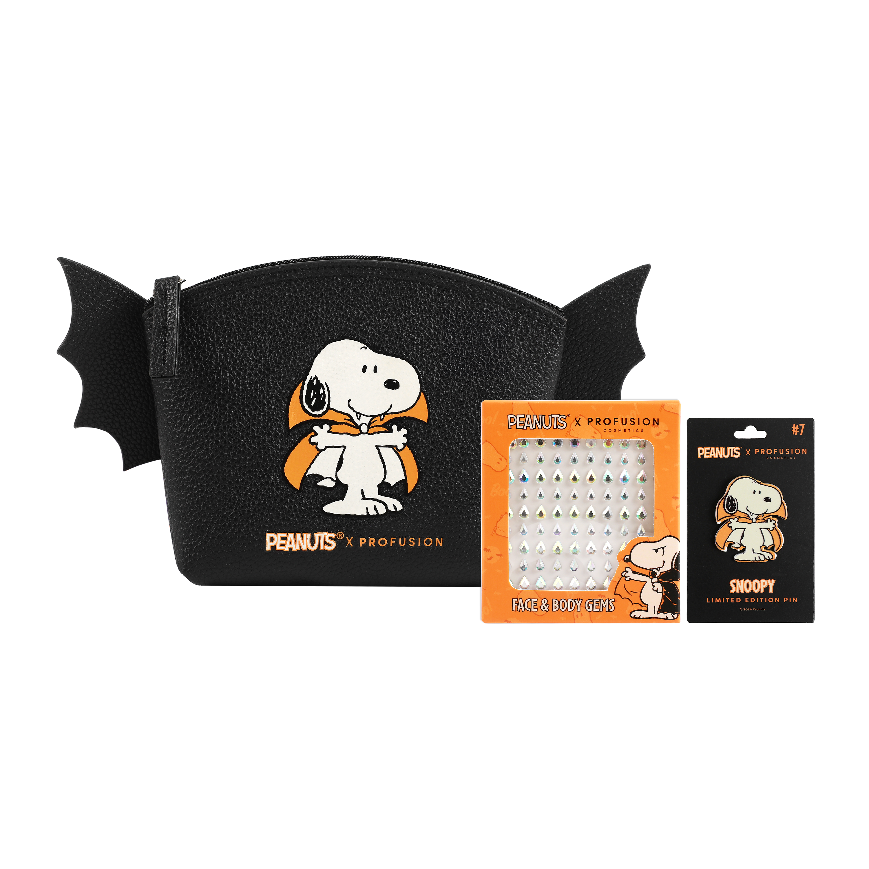Peanuts Halloween Snoopy cosmetic bag set with gems, colorful accessories featuring Snoopy from Profusion Cosmetics.