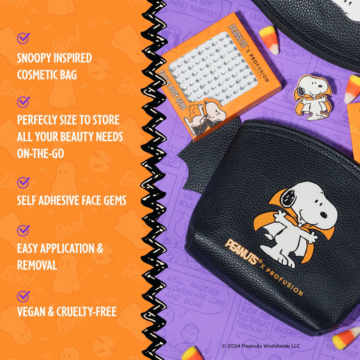 Peanuts Halloween Snoopy cosmetic bag set with gems, colorful accessories featuring Snoopy and Halloween-themed designs.