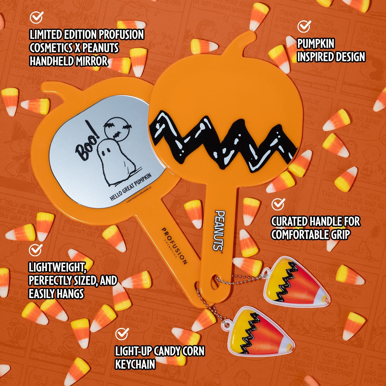 Profusion Cosmetics Peanuts Halloween Hello Great Pumpkin handheld mirror with festive Peanuts Halloween design accessory