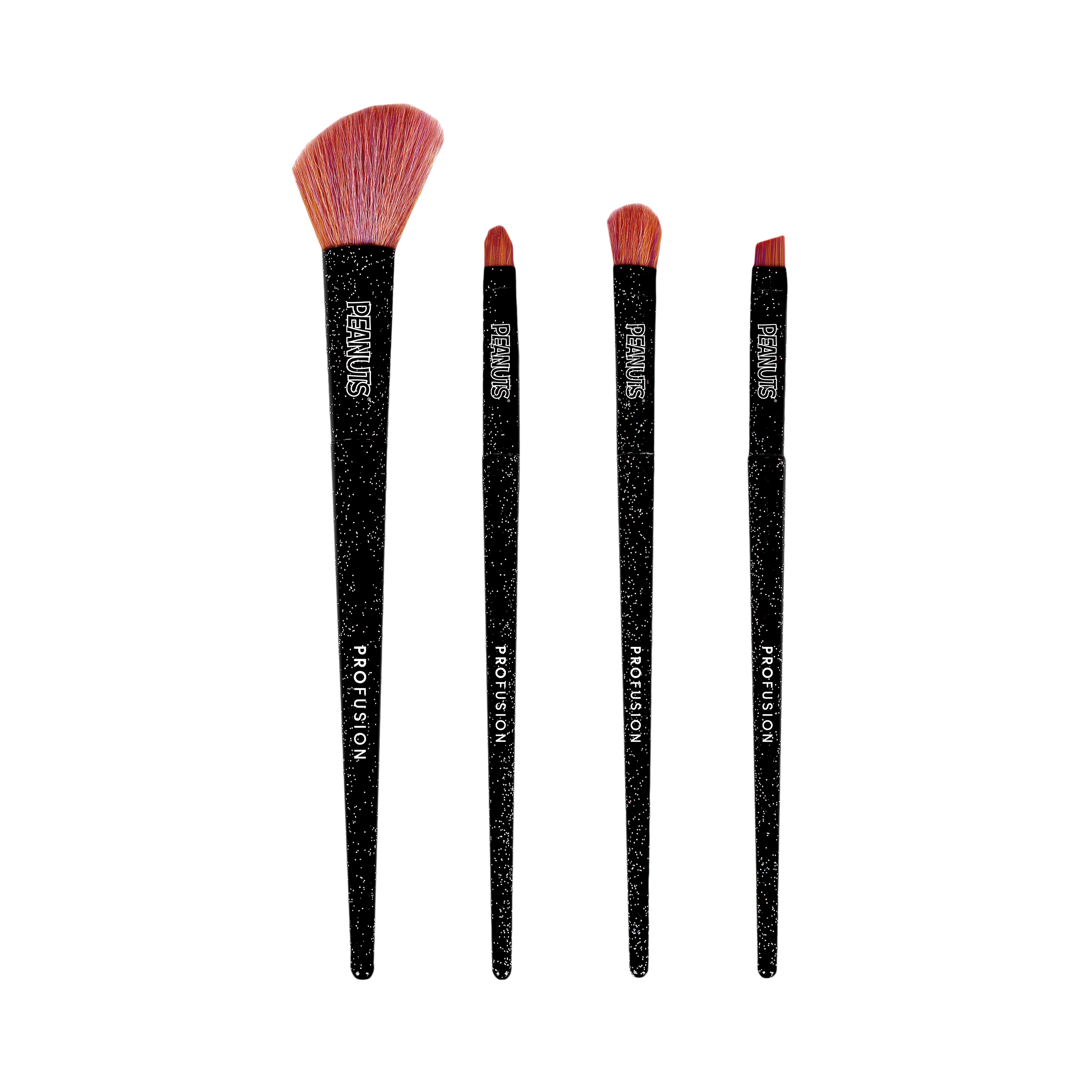 Profusion Cosmetics Peanuts Halloween Witchy Blend 4-piece eye and face brush set, makeup accessories with colorful handles.