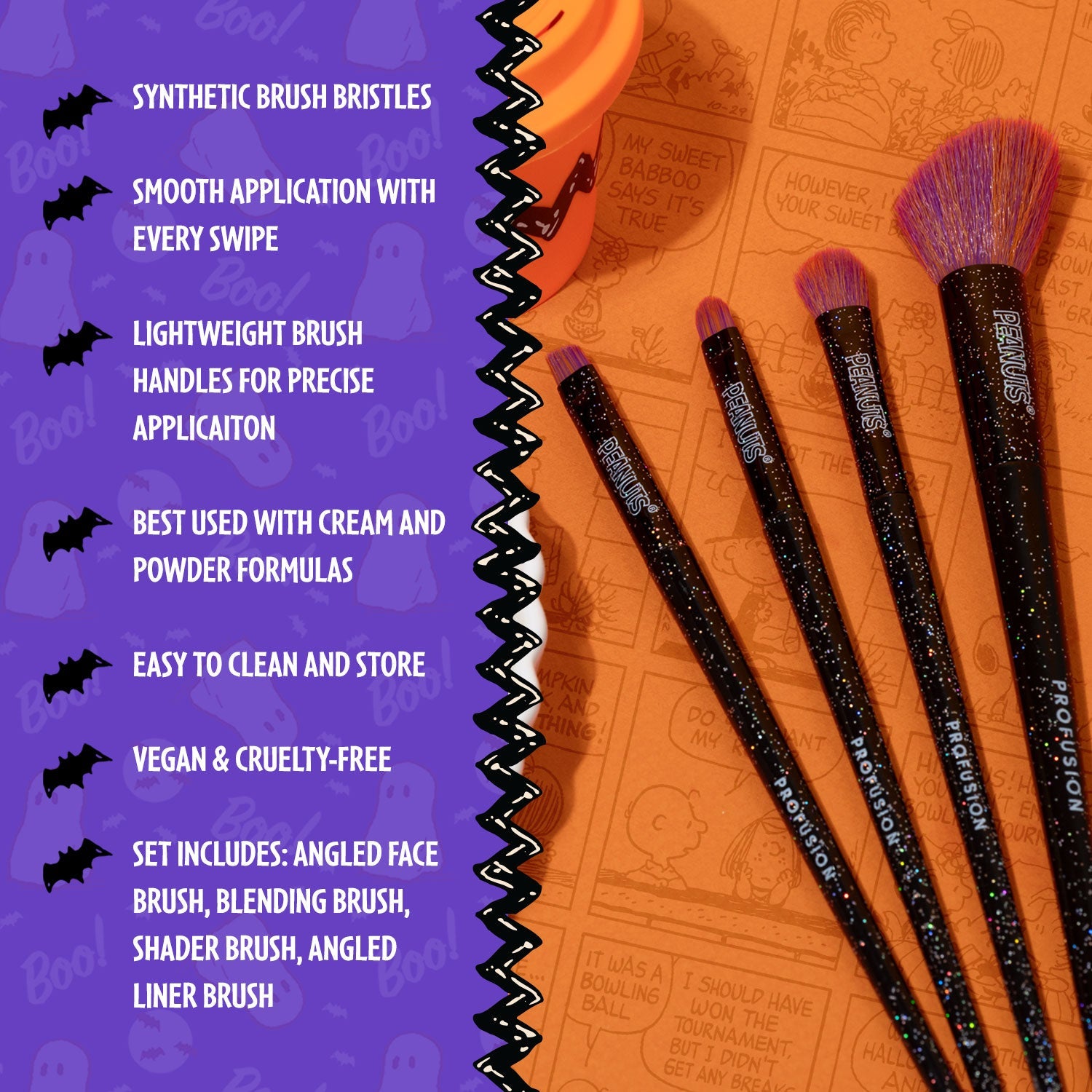 Profusion Cosmetics Peanuts Halloween Witchy Blend 4-piece eye and face brush set, makeup accessories with colorful handles and soft bristles.