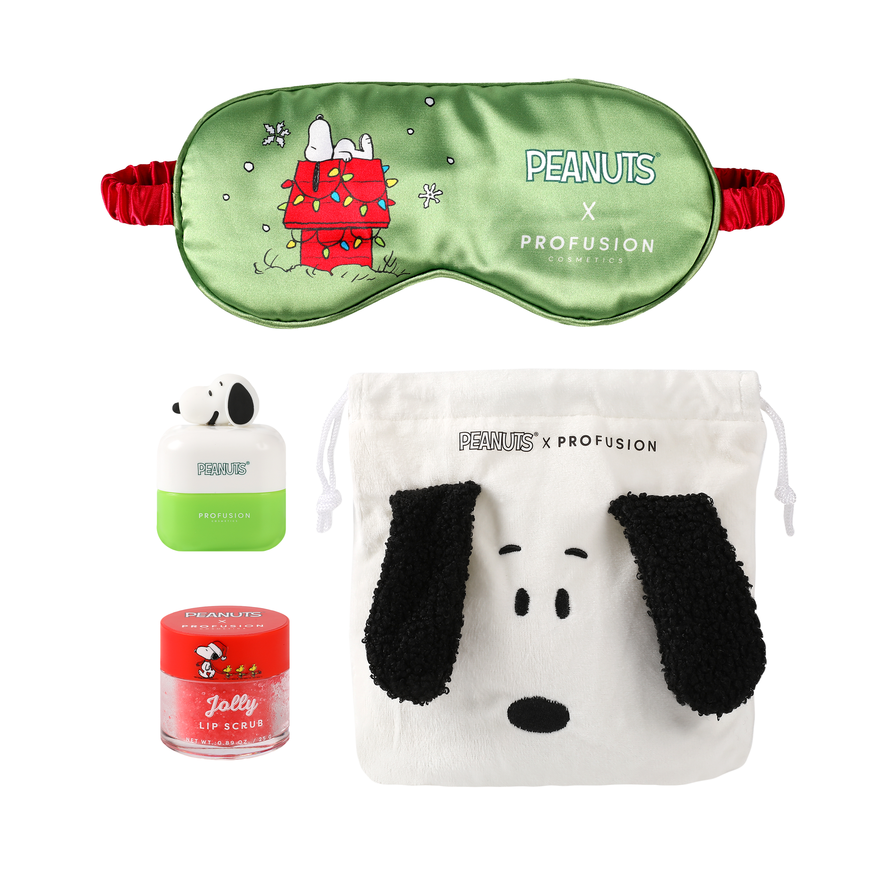 Profusion Cosmetics Peanuts Holiday accessories set with festive themed items, perfect for holiday celebrations and gift-giving.