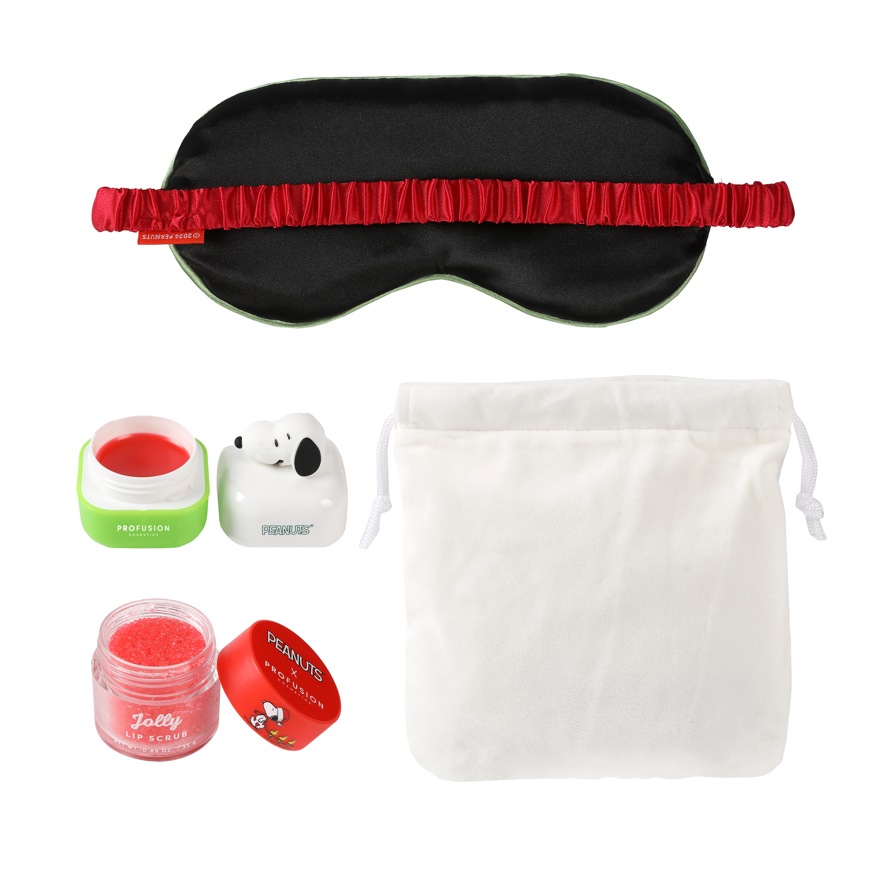 Profusion Cosmetics Peanuts Holiday accessories set featuring festive-themed items and To All A Goodnight design.