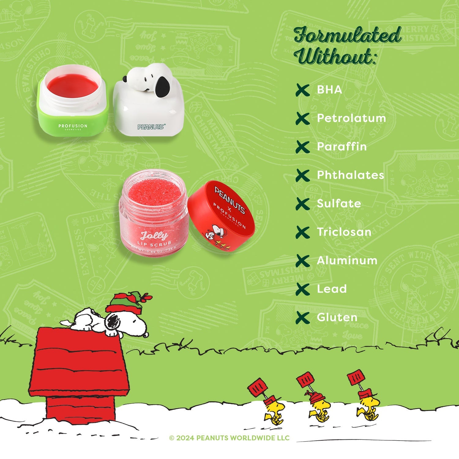Profusion Cosmetics Peanuts Holiday accessories set featuring festive themed items for the holiday season.