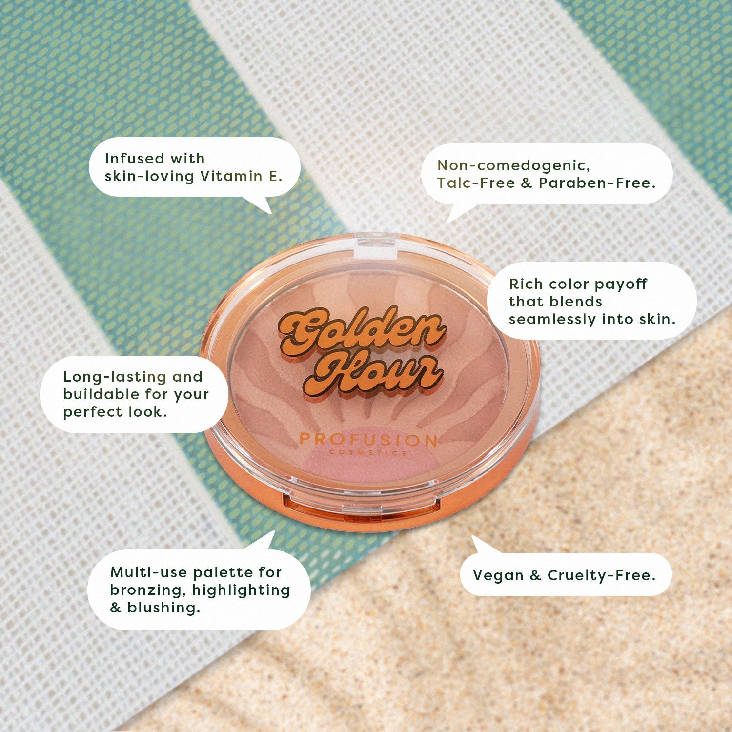 West Coast Glow Golden Hour Luminous Bronze & Glow Palette by Profusion Cosmetics, featuring bronzers and highlighters in a sleek compact.
