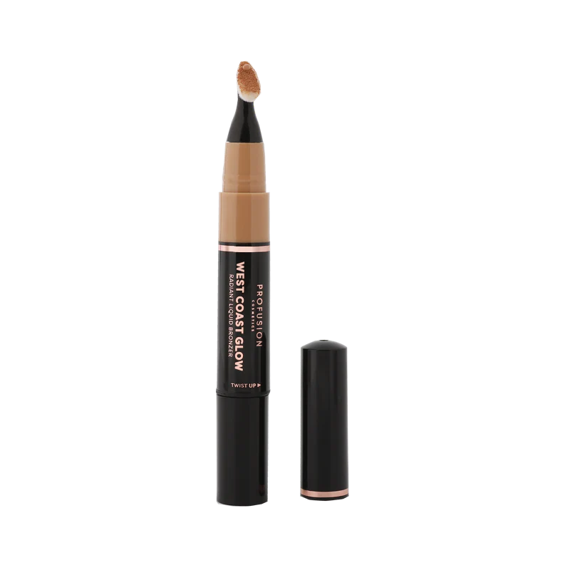 Profusion Cosmetics West Coast Glow Radiant Liquid Bronzer in a sleek bottle, ideal for adding a luminous touch to the skin.