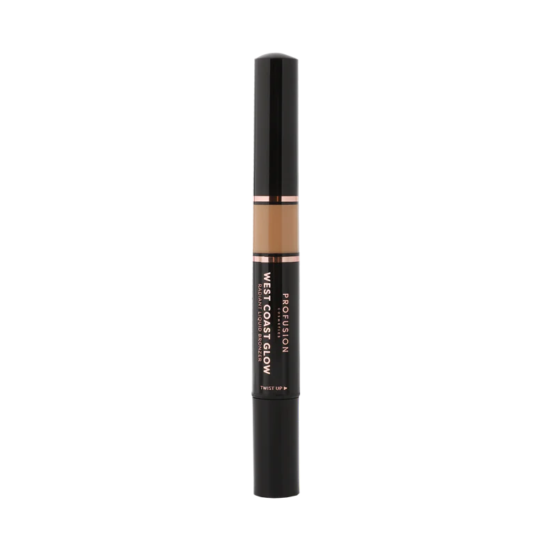 Profusion Cosmetics West Coast Glow Radiant Liquid Bronzer in a sleek bottle, designed to add a luminous bronze finish to the skin.