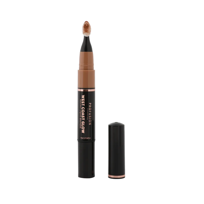 Profusion Cosmetics West Coast Glow Radiant Liquid Bronzer in a sleek bottle, designed for a luminous bronze finish.