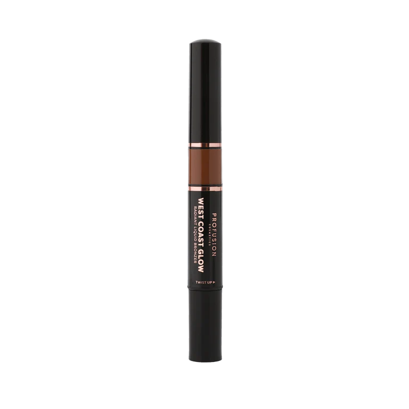 Profusion Cosmetics West Coast Glow Radiant Liquid Bronzer in a sleek bottle, showcasing its luminous, golden bronze shade.