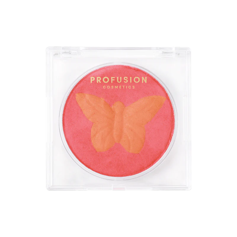 Profusion Cosmetics Empowered Butterfly Social Butterfly mousse blush in a vibrant pink shade, with butterfly packaging design.