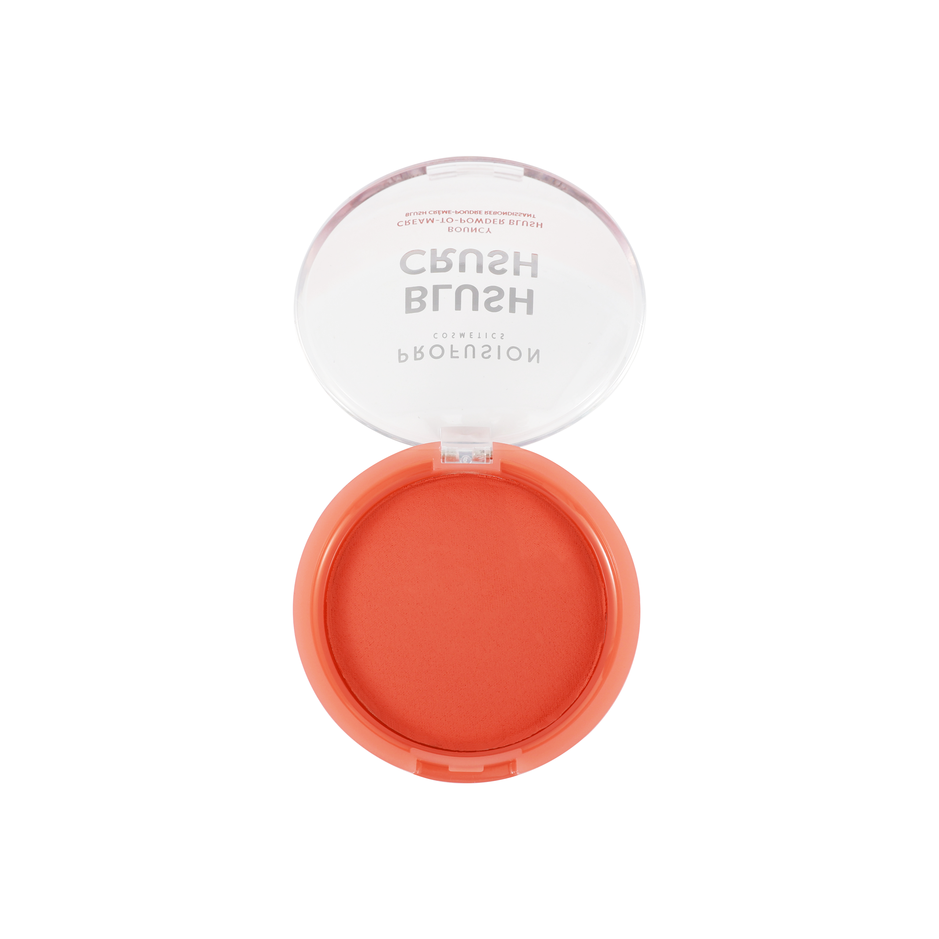 Profusion Cosmetics Peach Crush Blush Bouncy Blush in a soft peach shade, showcasing smooth, rounded makeup product with a matte finish.