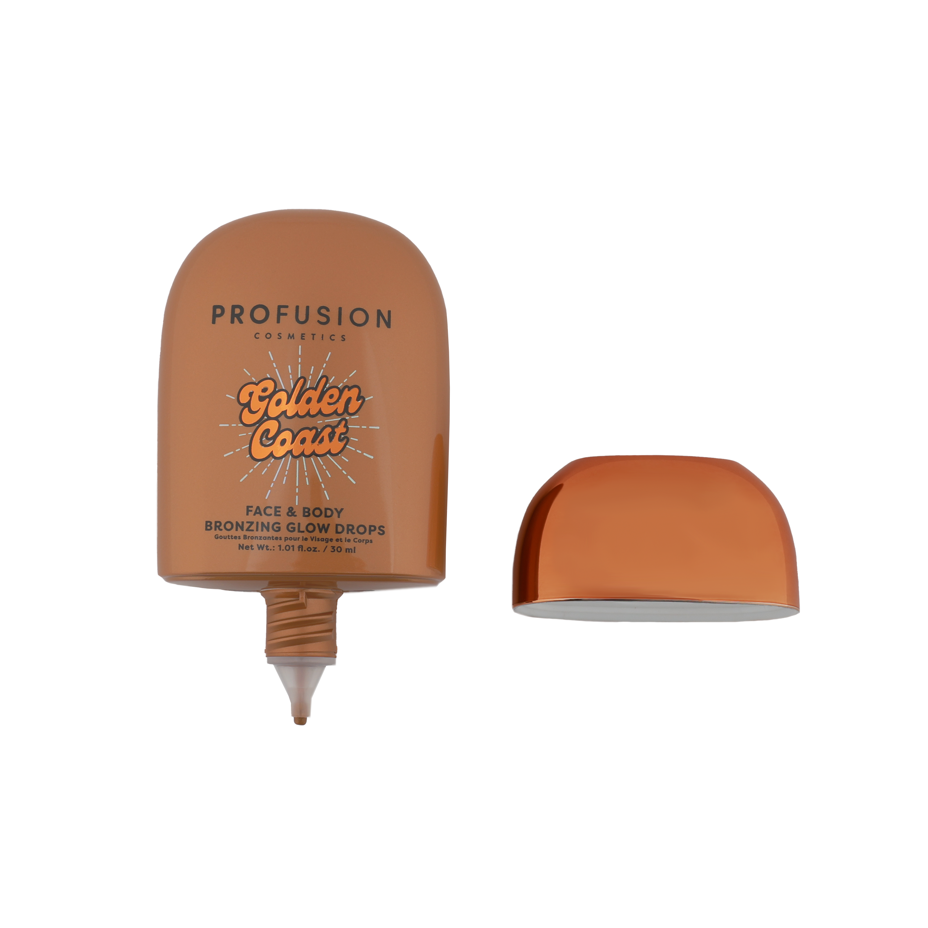 Profusion Cosmetics Golden Coast Face & Body Bronzing Glow Drops with a golden, luminous finish on the skin.