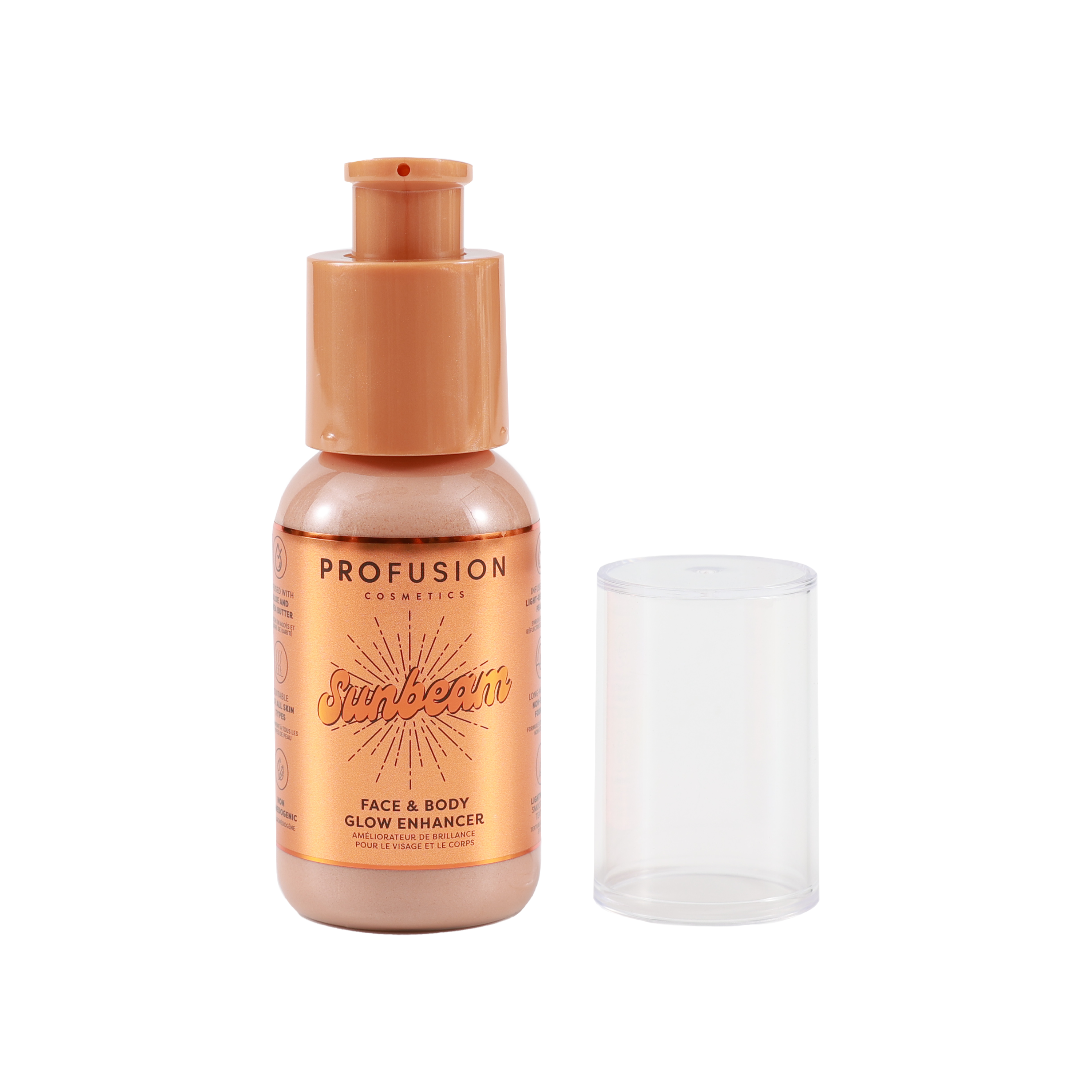 Profusion Cosmetics West Coast Glow Sunbeam face and body glow enhancer with radiant, shimmering finish on a body product.