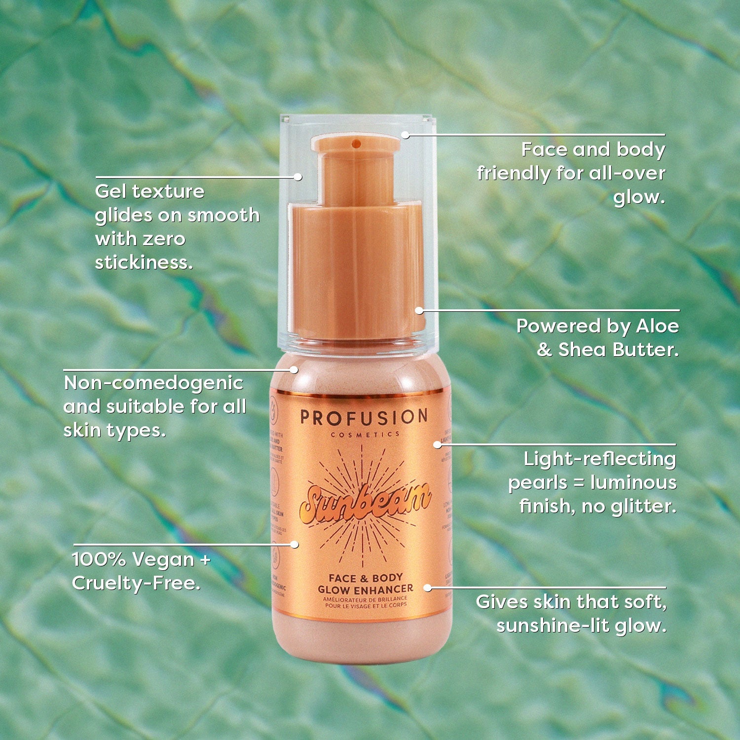 Profusion Cosmetics West Coast Glow Sunbeam Face & Body Glow Enhancer, with a radiant, luminous finish on skin.