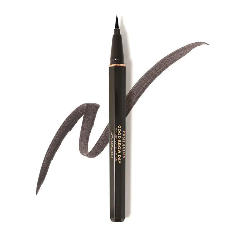 Profusion Cosmetics Good Brow Day waterproof brow pen in soft brown, showing the pen and brow application on a model's eyebrow.