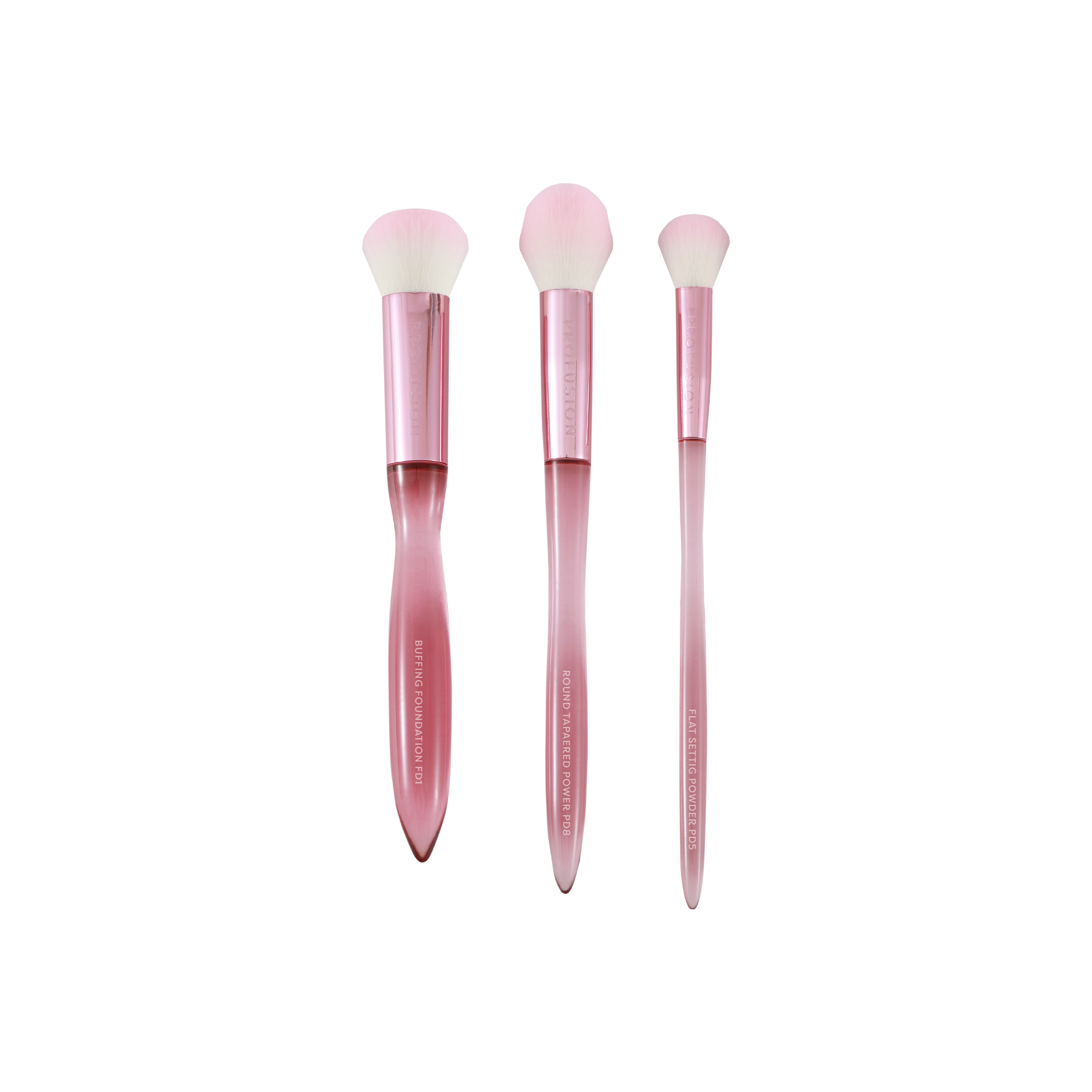 Profusion Cosmetics Face Essentials 3-piece face brush set with soft brushes for foundation, blush, and contour application.